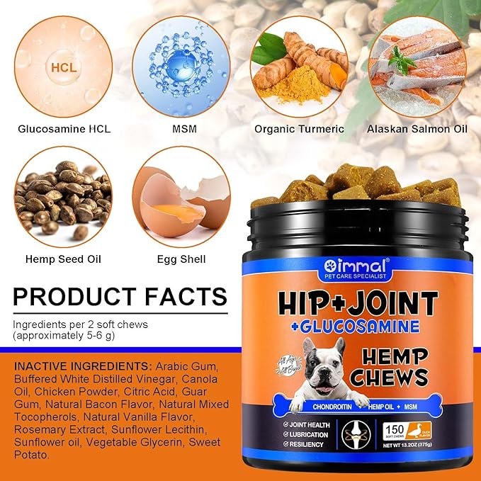 Glucosamine for Dogs, Hip and Joint Supplement (150 Tablets 13.2 oz) - Joint Care Chews w/Chondroitin Sulfate, MSM, Hemp Oil - Arthritis Pain Relief, Mobility Support for Small & Large Breed