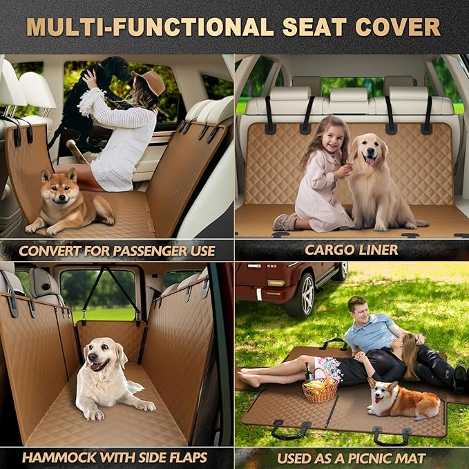 K KNODEL Dog Seat Cover, Waterproof Car Seat Cover for Pets, Pet Seat Cover Dog Hammock, Heavy Duty Scratch Proof Pet Back Seat Covers, Zippered Side Flaps for Cars, Trucks and SUVs (Brown)