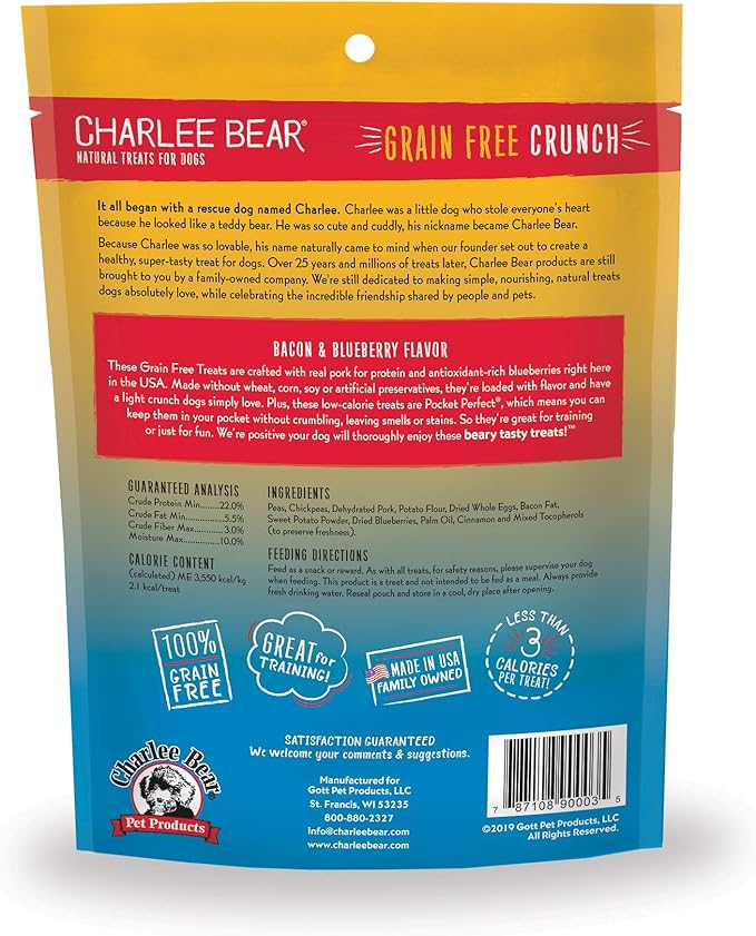 Charlee Bear Grain Free Crunch Dog Treats, Bacon & Blueberry Flavor, 8 oz