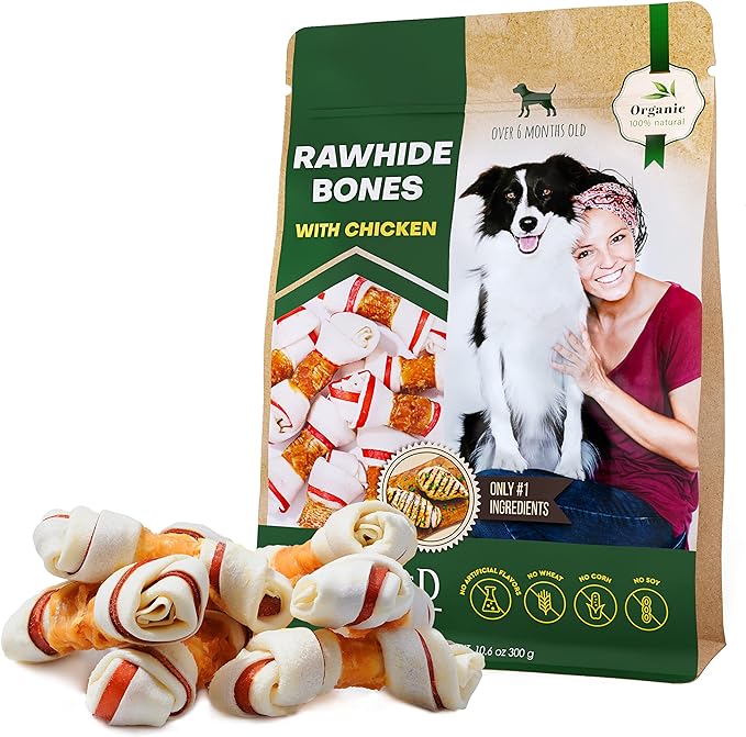 Dog Rawhide Bones Wrapped with Chicken & Pet Natural Chew Treats - Grain Free Meat & Healthy Human Grade Dried Snacks in Bulk - Best Chews for Training Small & Large Dogs - Made for USA