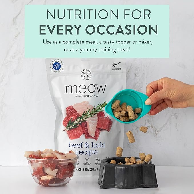 MEOW Freeze Dried Cat Food - Beef & Hoki Recipe, High Protein, Use as a Complete Diet, Topper, Mixer, or as Cat Treats, All Life Stages, 9.9 oz