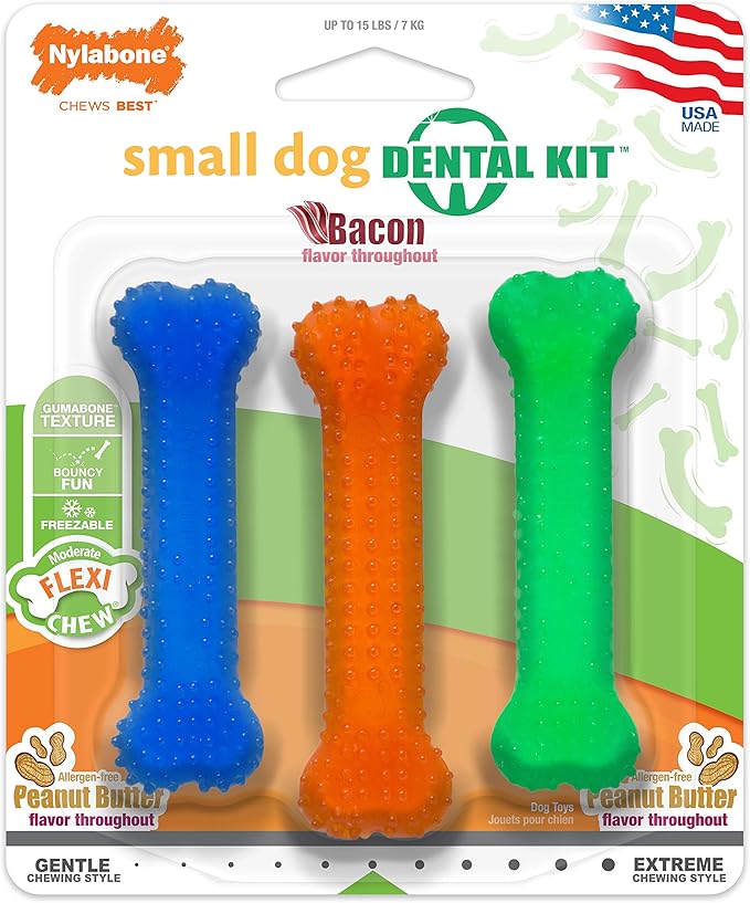 Nylabone Flexi Chew Moderate Dog Dental Chew Toy Bones Triple Pack, Peanut Butter & Bacon, X-Small/Petite (3 Count)