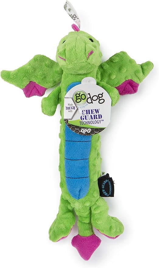 goDog Bubble Plush Skinny Dragons Squeaky Plush Dog Toy, Chew Guard Technology - Green, Large