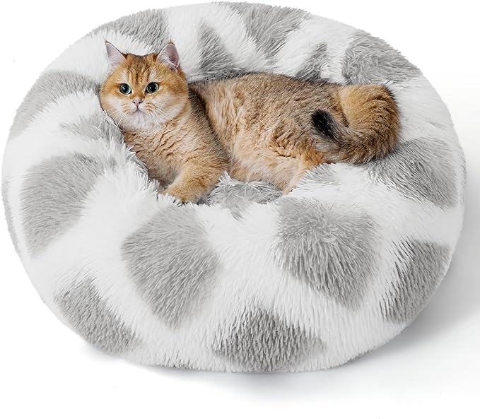 Bedsure Calming Cat Beds for Indoor Cats - Small Cat Bed Washable 20 inches, Anti-Slip Round Fluffy Plush Faux Fur Pet Bed, Fits up to 15 lbs Pets, Diamond Grey