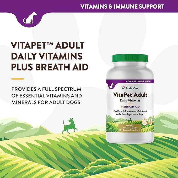 NaturVet VitaPet Adult Daily Vitamins for Dogs With Breath Aid – Includes Full Spectrum of Vitamins, Minerals, Omega-6 Fatty Acids, Parsley – Designed for Dogs Over 1 Year – 60 Ct.