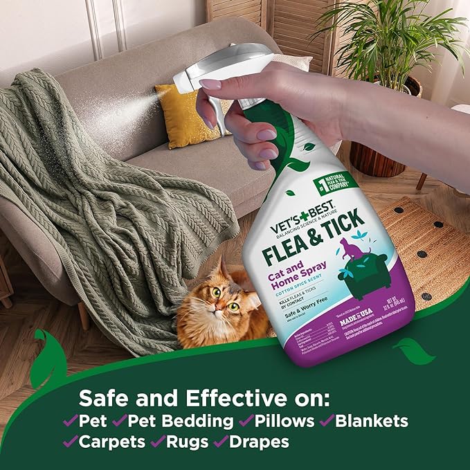 Vet’s Best Flea & Tick Home Spray for Cats – Cotton Spice Scent Cat Flea & Tick Aid – Made in The USA – Flea & Tick Gentle Mist for Cats – 32oz, Pack of 2