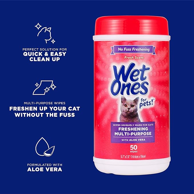 Wet Ones for Pets Freshening Multipurpose Wipes for Cats with Aloe Vera, 50 Count - 12 Pack | Easy to Use Cat Cleaning Wipes, Freshening Cat Grooming Wipes for Pet Grooming in Fresh Scent