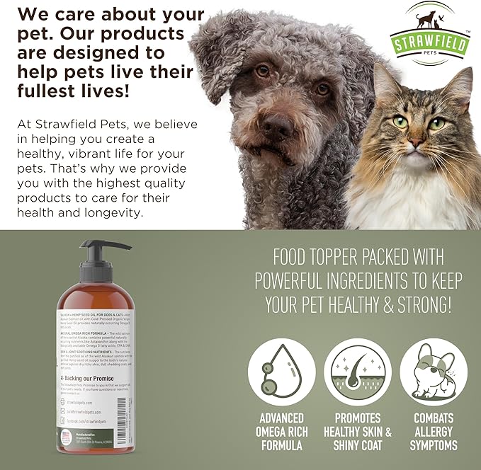 Strawfield Pets' Salmon + Hemp Oil Wild Alaskan Salmon Oil for Dogs & Cats with Organic Pet Hemp Oil Liquid Omega 3 Fish Oil for Dog Shedding, Dry Itchy Skin, Coat Supplement, USA 16 oz / 474 ml