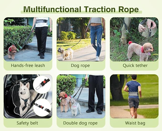 Pecute Hands Free Dog Leash with Pouch, Waist Belt Fanny Pack with Soft Padds, Dual Padded Handles and Durable Bungee for Walking, Hiking, Jogging Biking, and Running (Up to 220lbs)