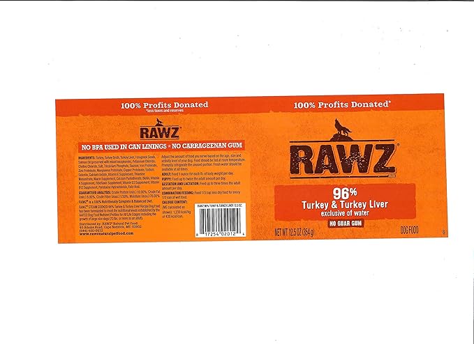 Rawz 96% Meat Canned Wet Food for Dogs 12 Pack/ 12.5 oz. Cans (Turkey/Turkey Liver)