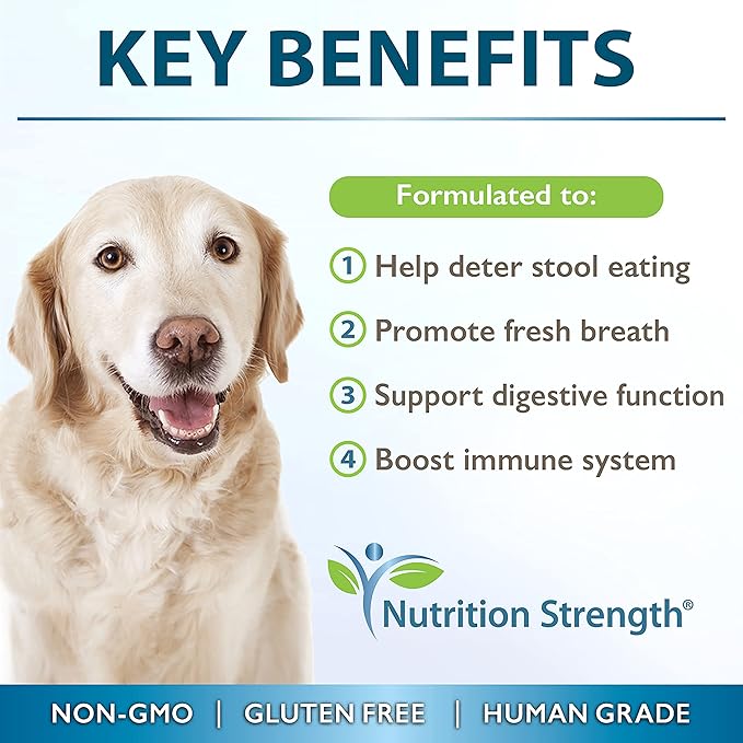 Coprophagia Stool Eating Deterrent for Dogs + Breath Aid, Extra Strength to Deter Dog Poop Eating, Probiotics & Digestive Enzymes for Gut Health & Immune Support, 30 Soft Chews