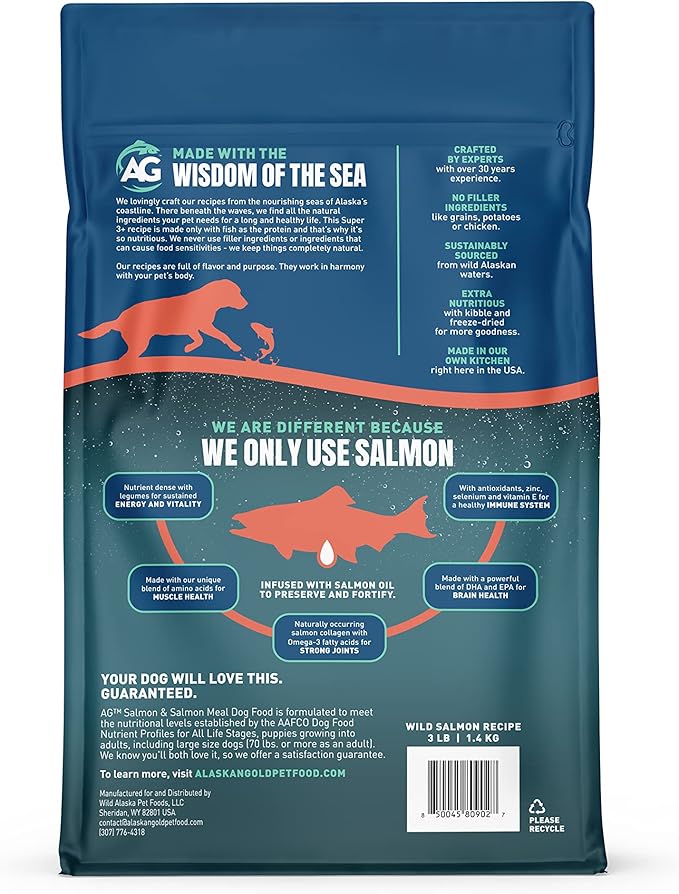 Wild Salmon SUPER3+ Dry Dog Food | High-Protein Blend with Freeze-Dried Raw Salmon & Salmon Oil | Grain-Free, All-Natural | Puppy & Adult | Allergy & Digestive Support | 3-lbs
