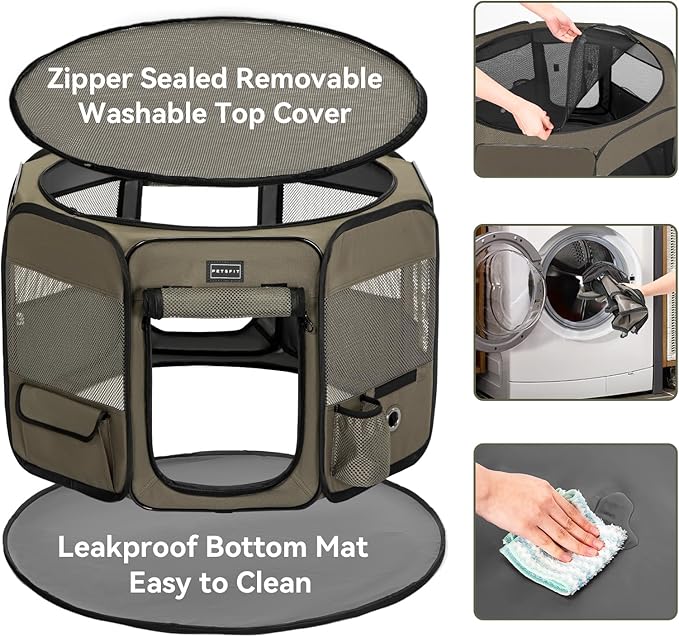PETSFIT Dog Playpen, 45.5" Dia Sturdy Foldable Pet Playpen for Dogs Indoor/Outdoor, Portable Pet Playpen with Carring Case, Removable Mesh Zipper Top and Waterproof Playpen Mat Grey-Black L