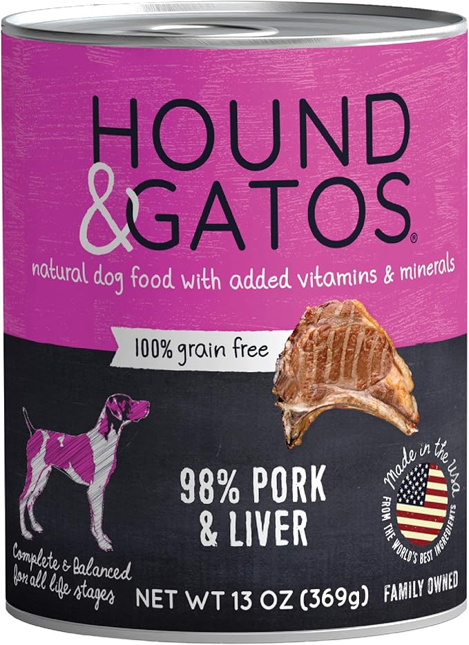 Hound & Gatos Wet Dog Food, 98% Pork & Liver, case of 12, 13 oz cans