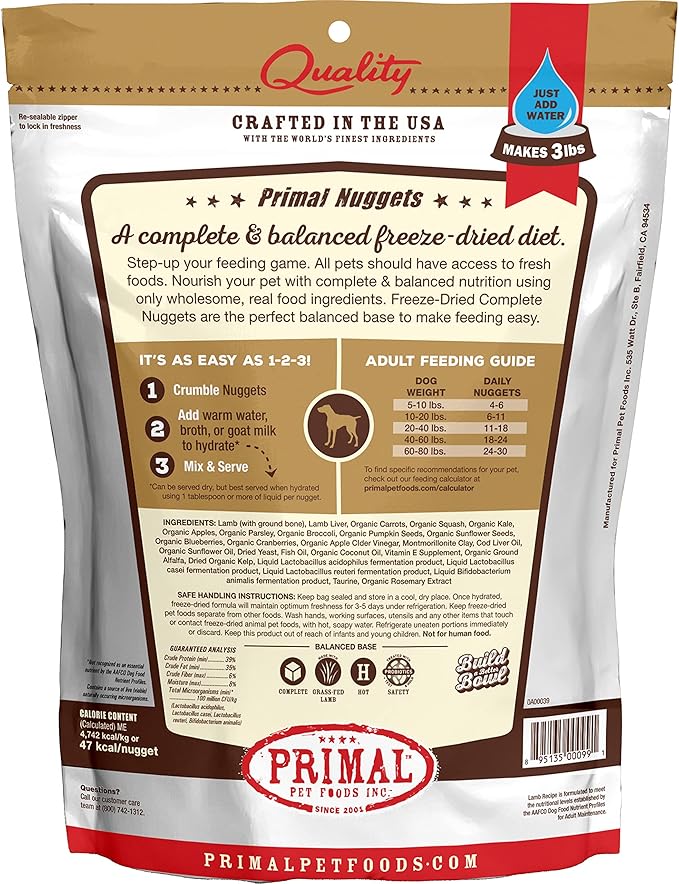 Primal Freeze Dried Dog Food Nuggets, Lamb; Complete & Balanced Meal; Also Use as Topper or Treat; Premium, Healthy, Grain Free, High Protein Raw Dog Food, 14 oz (Pack of 4)