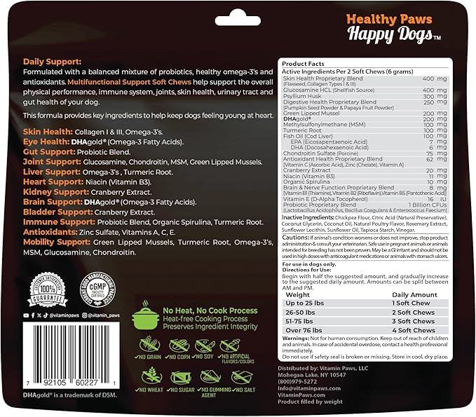 All-in-1 Multivitamin Dog Vitamins and Supplements | Soft Chews with Probiotics, Turmeric, Glucosamine, Omega Fish Oil, Digestive Enzymes for Hip and Joint Support, Skin and Coat Health