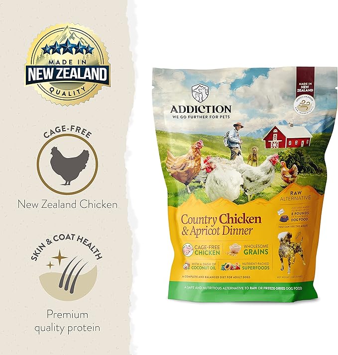 Addiction Country Chicken & Apricot Raw Alternative Dog Food - Gently Air-Dried Complete Meal or Dog Food Topper for Digestive and Skin and Coat Health, 2 lb