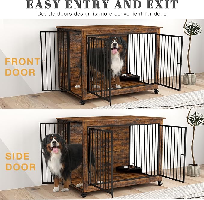 44 Inch Large Wooden Dog Crate Furniture with 180° Rotatable Bowl, Brown Multi-Functional Dog Crate End Table with Wheels, Furniture Dog Crate for Large Dogs with Flip-up Top Opening