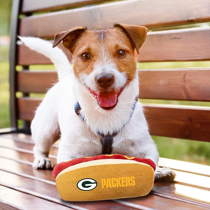 Pets First NFL Green Bay Packers HOT Dog Plush Dog & CAT Squeak Toy - Cutest HOT-Dog Snack Plush Toy for Dogs & Cats with Inner Squeaker & Beautiful Football Team Name/Logo 8 x 5 x 3 Inches