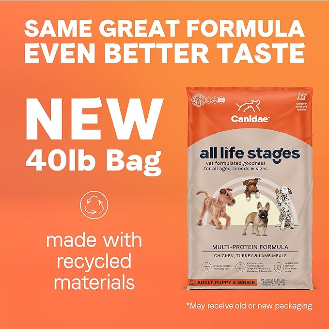 Canidae All Life Stages Premium Dry Dog Food for All Breeds, Multi-Protein Recipe with Chicken, Turkey & Lamb Meals Recipe, 40 lbs, For All Ages & Multi-Dog Homes