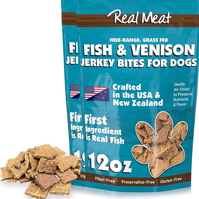 Real Meat Dog Treats - Two 12oz Bag of Bite-Sized Air-Dried Fish & Venison Jerky for Dogs - Grain-Free Jerky Dog Treats Made up of 95% All-Natural, Human-Grade, Free-Range Venison & Ocean-Caught Fish