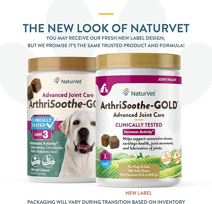NaturVet ArthriSoothe-Gold Level 3 Advanced Joint Care for Dogs – Soft Chew Dog Supplement with Glucosamine, MSM, Chondroitin & Hyaluronic Acid – Wheat-Free Pet Supplements – 180 Ct.