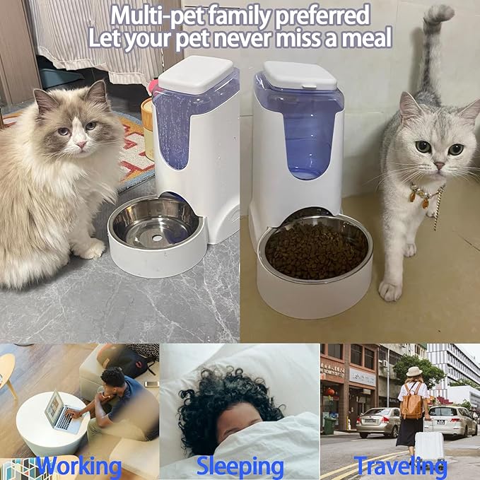 Hamiledyi Pets Automatic Gravity Feeder Dogs 2.8L Food & 4L Water Dispenser Set with Stainless Steel Bowl for Small Medium Big Puppy Kitten(White)