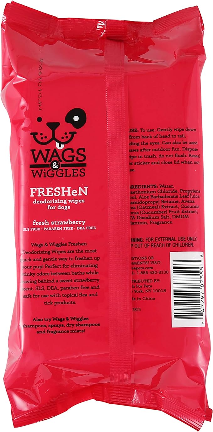 Wags & Wiggles Freshen Deodorizing Wipes for Dogs Eliminate Odors from Your Dog's Coat Fresh Strawberries Easy and Convenient Way to Freshen Your Pet without A Bath (Pack of 1,100 Count Total)