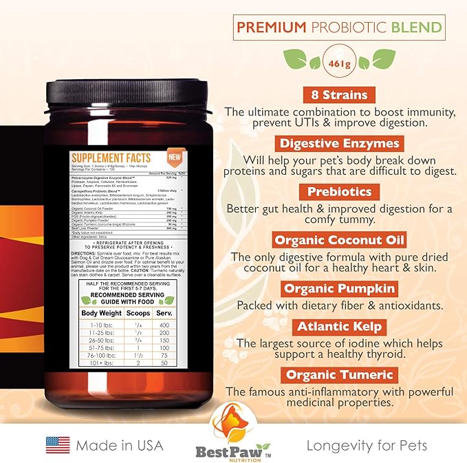 Dog & Cat Premium Probiotic Prebiotic & Digestive Enzymes 5 Billion CFU Organic Turmeric Coconut Oil Pure Pumpkin & Kelp for Healthy Bowels Gut & UTIs