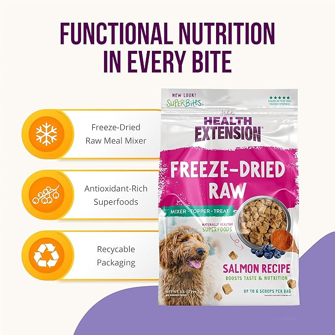 Health Extension Super Bites, Freeze-dried Raw, Gluten & Grain-free, with Extra Protein & Super Tasty Healthy Meal Mixer for Dogs, Salmon Recipe (3.5 Oz / 99 g)