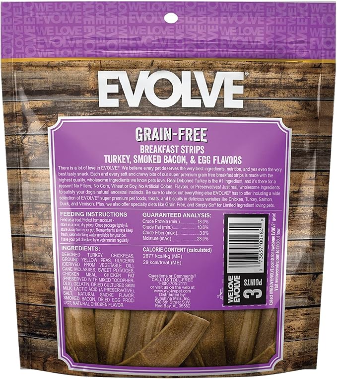 Evolve Grain Free Turkey, Bacon and Egg Flavored Breakfast Strips Dog Treats, 25oz