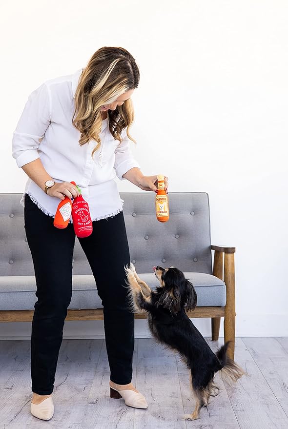 Pearhead Hot Sauce Dog Toys, Set of 3, Hot Sauce Toy Set for Dogs, Must Have Toys for Pet Owners, Plush Chew Toys Set of 3