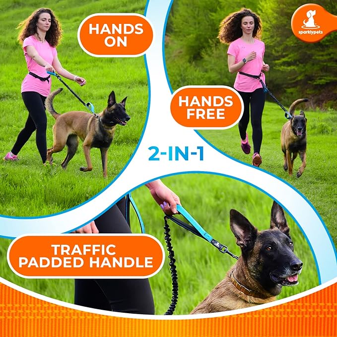 SparklyPets Hands Free Dog Leash with Reflective Stitches – Waist Leash for Dog Walking, Training & Jogging – Running Leash Hands Free for Medium & Large Dogs