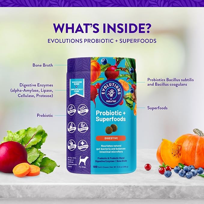 NaturVet Evolutions Probiotic & Superfoods 180ct Soft Chews for Dogs - Prebiotic & Probiotic Blend, Digestive Enzymes, Bone Broth, Omega's - Nourishes Natural Gut Bacteria and Intestinal Microflora