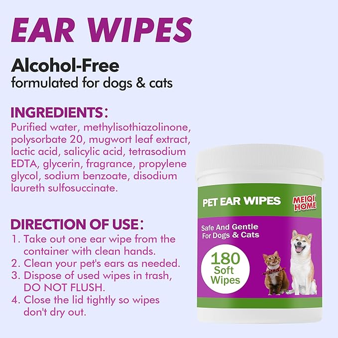 180 Count Dog Ear Cleaner Wipes , Dog Ear Wipes , Gently Remove Ear Wax, Debris - Soothes & Relieves Ear Itching, Fresh Mugwort Scent, All Natural Ingredients,Safe & Gentle Ear Wipes for Dogs & Cats