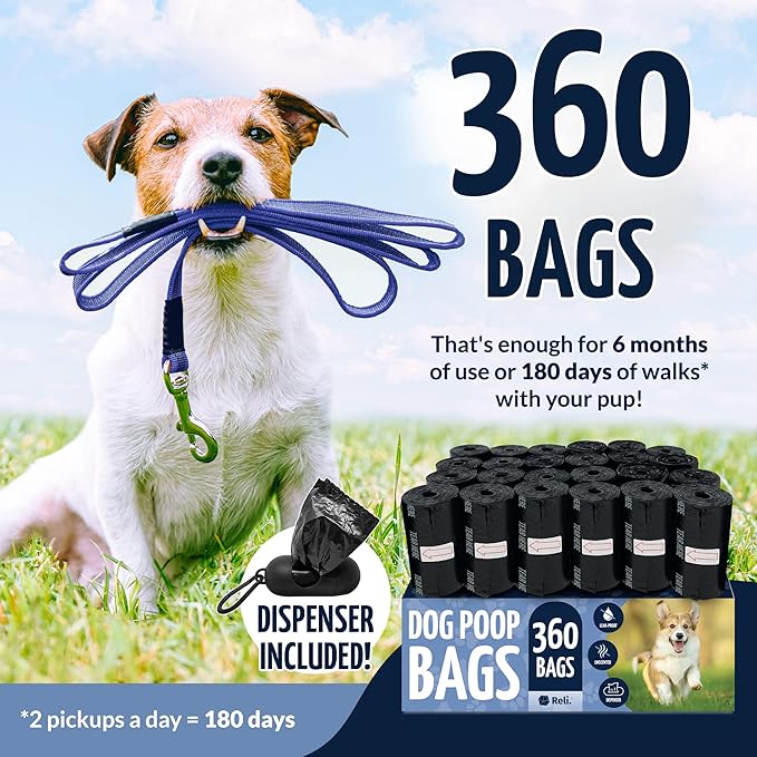 Reli. Dog Poop Bags w/Holder (360 Bags - 24 Rolls) | Leash Clip Dispenser | 9x13" Large Dog Bags for Poop | Doggie Poop Bag | Black Pet Waste Bag Refills w/Dispenser Bag Clip | Unscented, Leak Proof
