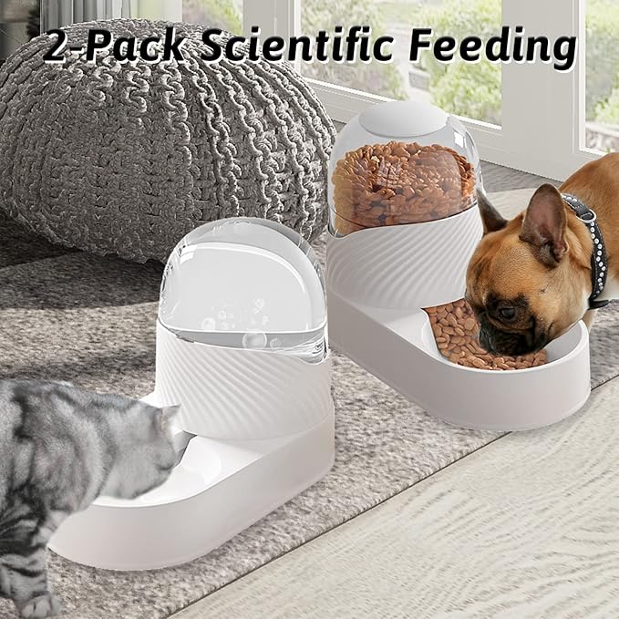 BNOSDM 2 Pcs Gravity Dog Feeder and Water Dispenser Automatic Dog Cat Food and Water Dispenser Set Large Capacity Pet Self Feeder Station for Indoor Small and Medium Sized Dog, Cats (2 L, White)