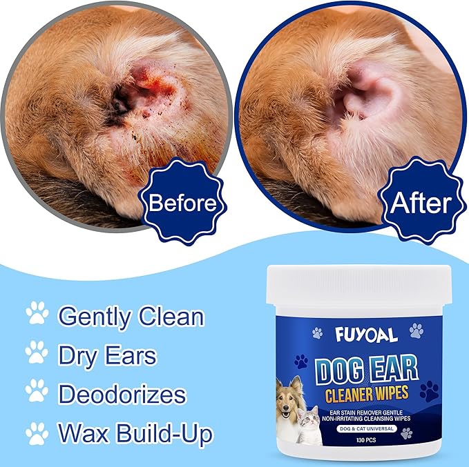 Dog Ear Wipes, 2 Packs 260 Counts Unscented to Stop Ear Itching & Soothes & Deodorizes, FUYOAL Ear Wipes Cleaner for Dogs Cats Pet Puppy Large Small Breed, Dog Ear Treatment Cleaning Wipes