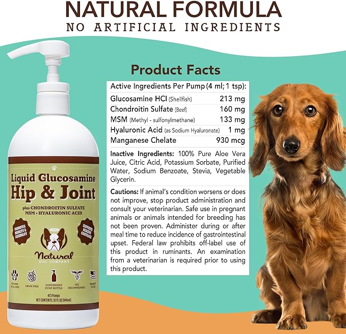 Natural Dog Company Liquid Glucosamine Hip & Joint Oil for Dogs, 32 oz, Extra Strength Cartilage and Joint Support, Helps Mobility and Eases Occasional Stiffness, Dog Vitamins and Supplements