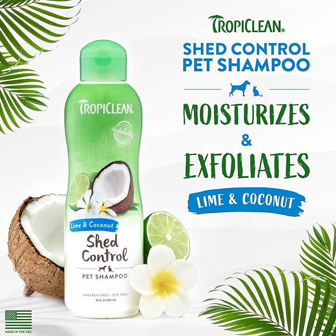 TropiClean Lime & Coconut Deshedding Dog Shampoo for Shedding Control | Natural Pet Shampoo Derived from Natural Ingredients | Cat Friendly | Made in the USA | 20 oz.
