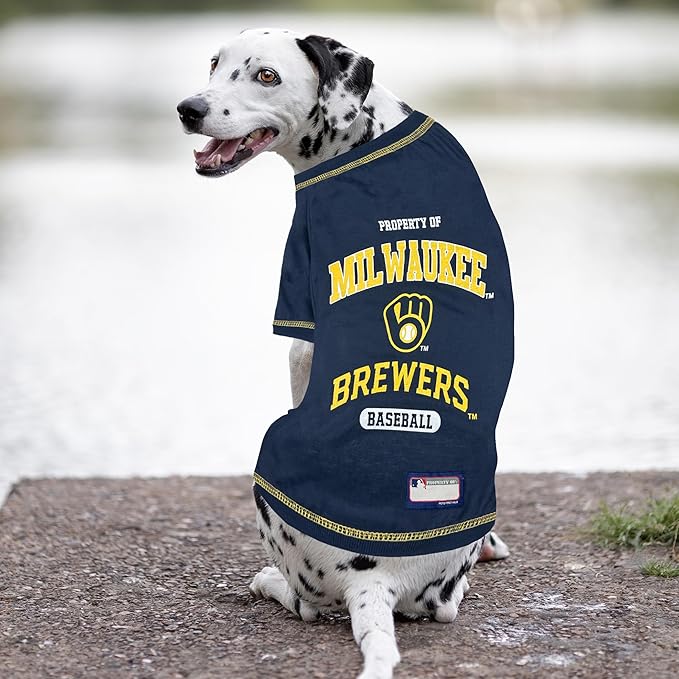 MLB Milwaukee Brewers Dog T-Shirt, Small. - Licensed Shirt for Pets Team Colored with Team Logos. - Premium Stretchable Materials for The Comfort of Your Dog & cat.