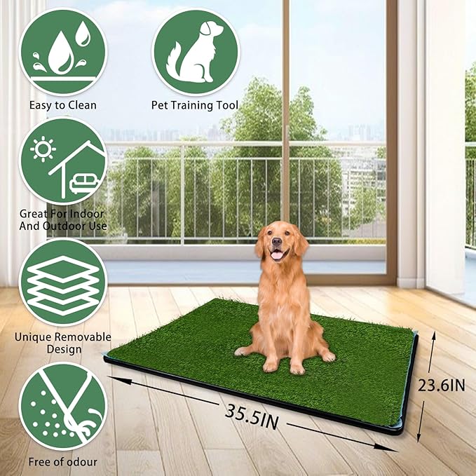 Dog Grass Pad with Tray Large,35.5”×23.6”Dog Grass Large Patch Potty Arificial Grass Dog Potties for Apartment and Patio Training Outdoor and Indoor Use