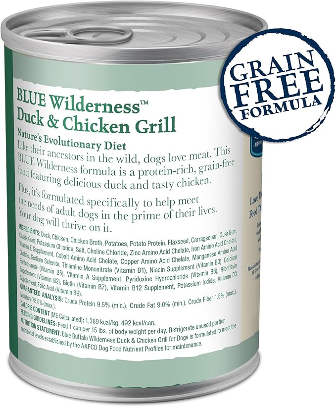 Blue Buffalo Wilderness High Protein, Natural Adult Wet Dog Food, Duck & Chicken Grill 12.5-oz cans (Pack of 12)