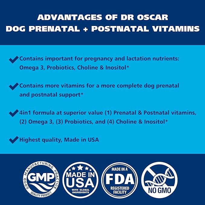 Dog Prenatal Vitamins. The Only Prenatal Vitamins for Dogs with Omega 3, Probiotics, Choline & Inositol, Key for Mother & Puppies. 2in1 Postnatal & Prenatal Dog Vitamins + Folic Acid 90 Tablets