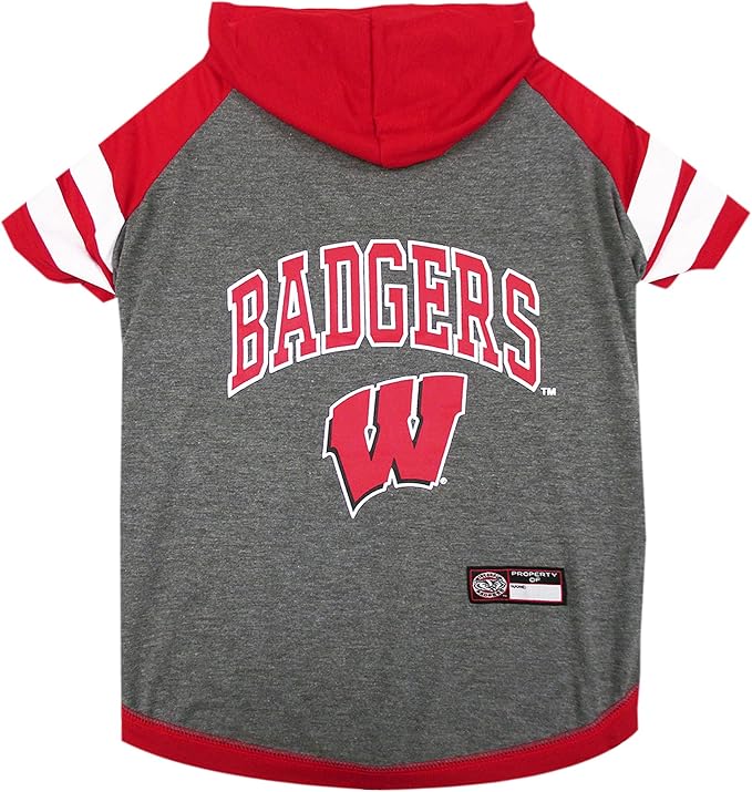 NCAA WISCONSIN BADGERS HOODIE for DOGS & CATS, LARGE COLLEGIATE Licensed DOG HOODY Tee Shirt. Sports HOODY T-Shirt for Pets. COLLEGE Sporty Dog Hoodie Shirt.