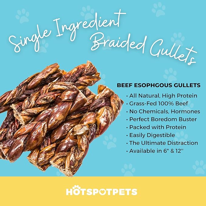 hotspot pets Thick Esophagus Braided Sticks Dog Chews - All Natural Beef Chews from Grass Fed Cattle - Rich in Glucosamine & Chondroitin - Great Rawhide Alternative (5 Pack)