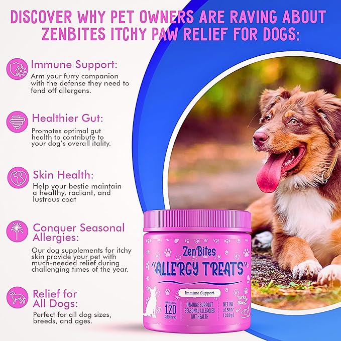 Organic Allergy Vitamin Chews Anti Itch Supplement Dog Allergy Relief for Skin & Seasonal Allergies Omega 3 Probiotics for Dogs Salmon Oil Blend with Vitamin C Turkey - 120 Count