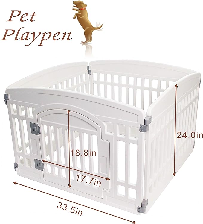 Pet Playpen with Mesh Fabric Top Cover Foldable Gate for Dogs Heavy Plastic Puppy Exercise Pen Small Pets Fence Puppies Folding Cage 4 Panels for Puppies and Small Dogs House White (33.5x33.5 Inches)