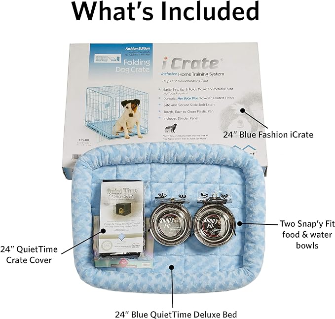 MidWest iCrate Starter Kit - 24-Inch Crate Ideal for Small Dogs, Includes Crate, Bed, Bowls & Cover (Blue)
