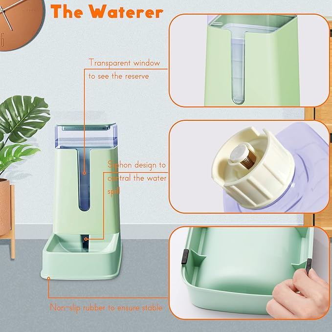 Automatic Cat Feeder and Cat Water Dispenser in Set 2 Packs Automatic Dog Feeder and Dog Water Dispenser 1 Gallon for Small Medium Big Dog Pets Puppy Kitten (green)